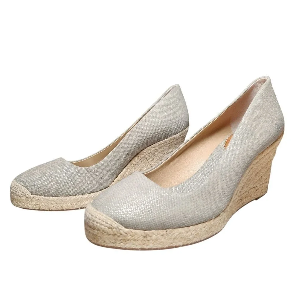 J Crew Espadrille Wedge Platform Metallic Canvas Cream Gold 9 Preppy Coquette